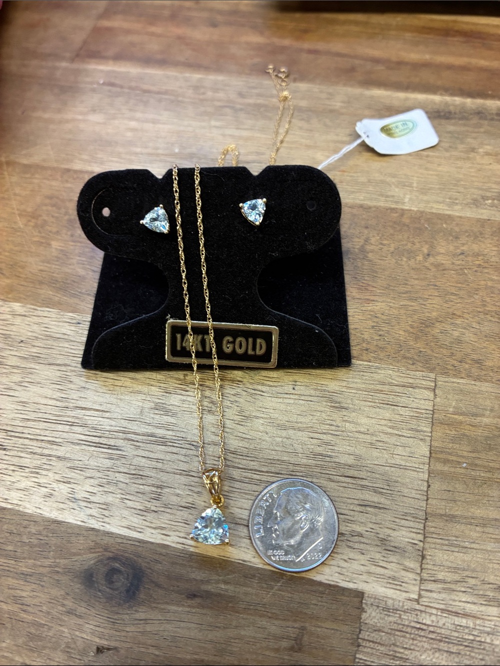 14K Gold Blue Aquamarine Triangle Pendant Necklace & Stud Earrings Set
